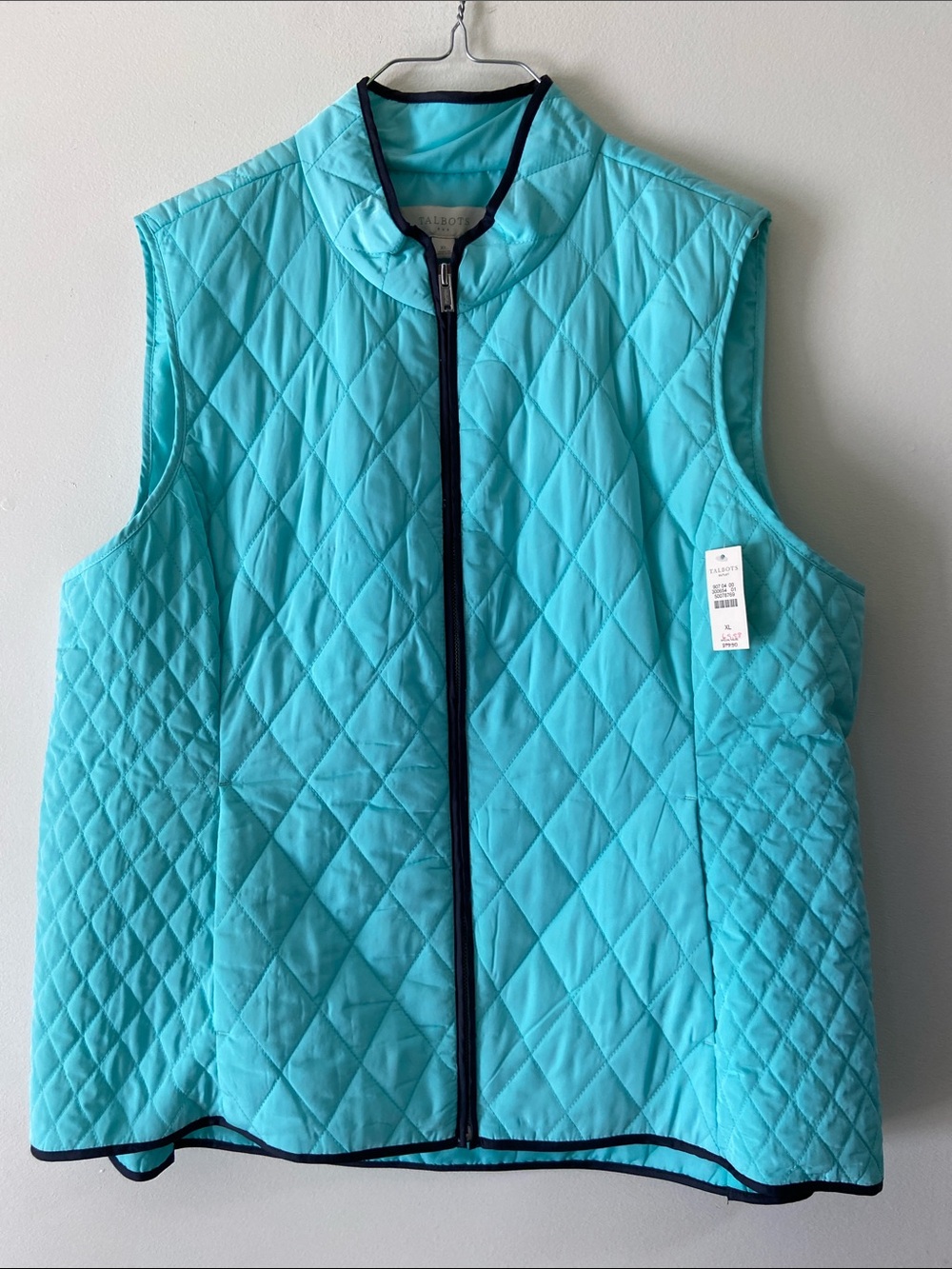 NWT Talbots Aqua Diamond Quilted Zip Vest with Navy Trim Size XL